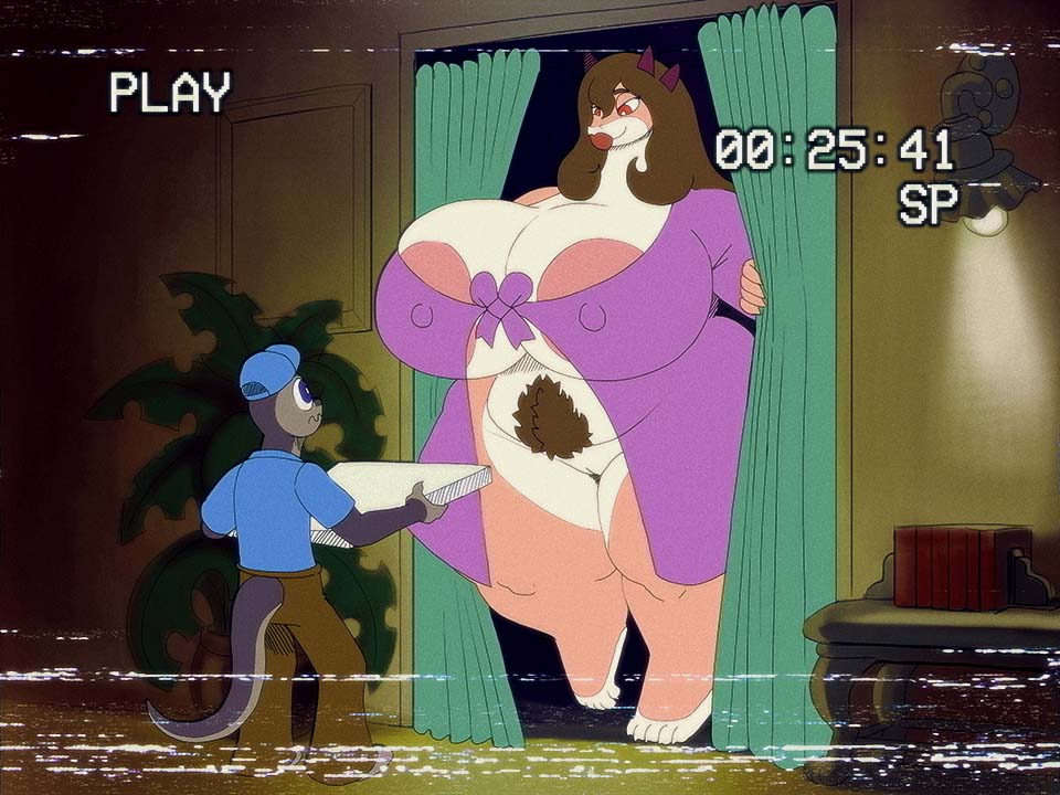 anthro areola areola_slip big_breasts blush bottomless breasts brown_hair chris_(mrmadhead) cleavage clothed clothing covered_nipples curtains curvy_figure dragon duo fake_screenshot female genitals hair hat headgear headwear holding_object holding_pizza_box horn huge_breasts larger_female long_hair looking_at_another male miss_l nightgown nipple_outline nipples overweight pizza_box pubes pussy reptile retro_artstyle scalie shirt size_difference smaller_male snake tail text thick_thighs topwear vdisco voluptuous wide_hips