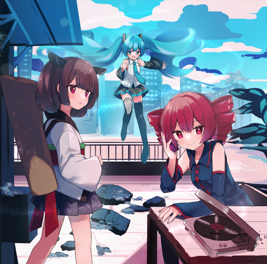 3girls :o album_cover black_footwear black_shirt black_skirt blue_eyes blue_hair blue_necktie blue_sky blush boots bright_pupils brown_hair city closed_mouth cloud cloudy_sky collared_shirt commentary_request cover day detached_sleeves drill_hair floating hand_on_headphones hand_up hatsune_miku headgear japanese_clothes kasane_teto kimono light_trail looking_at_viewer looking_to_the_side medium_hair miniskirt monaka_sanaka multiple_girls necktie obi open_mouth outdoors oversized_food oversized_object pleated_skirt railing record red_eyes red_hair red_nails rooftop rubble sash shirt short_kimono sitting skirt sky skyline sleeveless sleeveless_shirt smile standing thigh_boots touhoku_kiritan turntable twin_drills twintails utau vocaloid white_kimono white_pupils white_shirt wide_sleeves