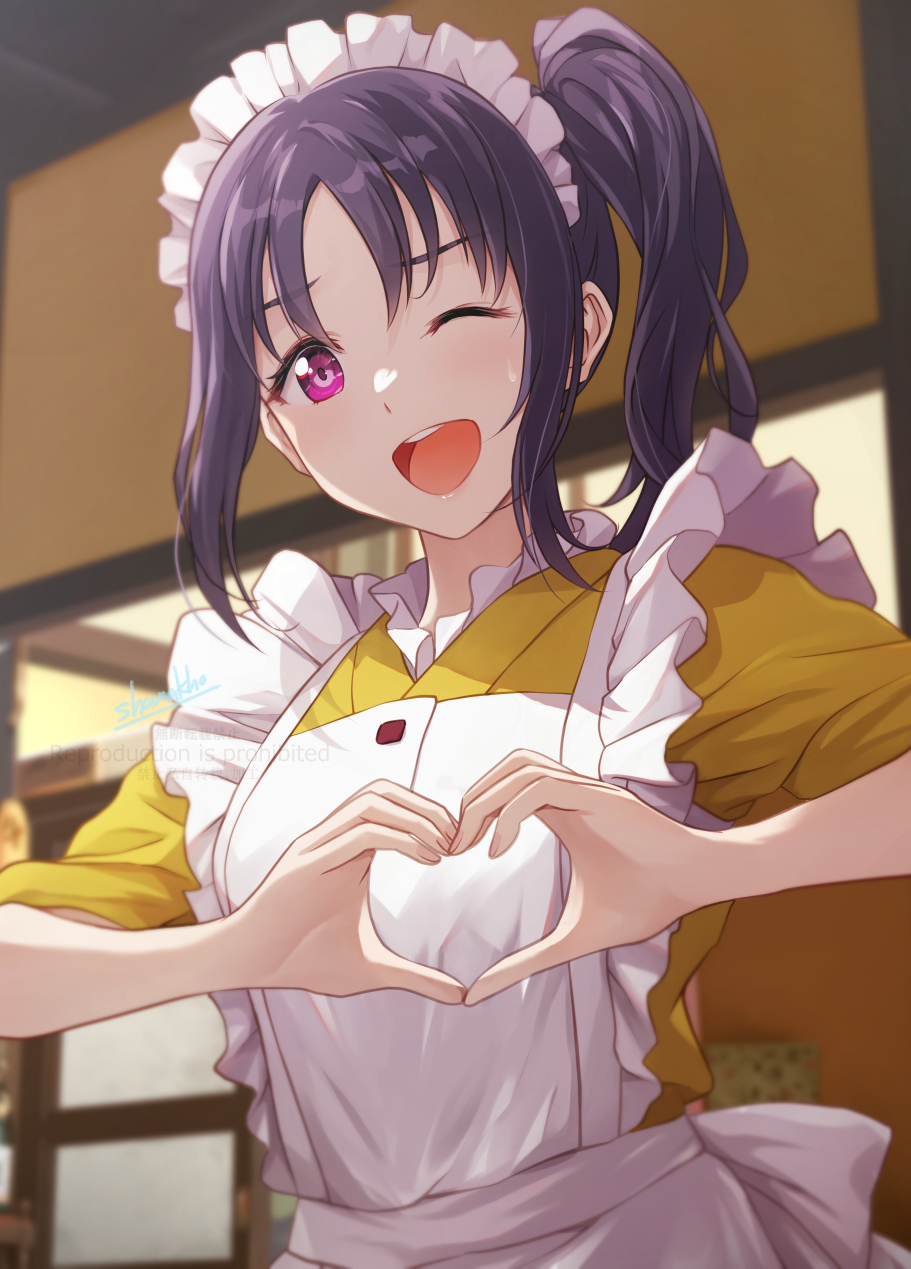 1girl apron commentary heart heart_hands highres k-on! kazuno_sarah long_hair looking_at_viewer love_live! love_live!_sunshine!! maid_apron maid_headdress moe_moe_kyun! one_eye_closed parody parted_bangs pink_eyes purple_hair shamakho side_ponytail sidelocks smile solo upper_body