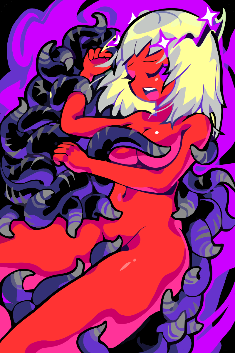 azathoth black_background closed_eyes colored_skin cthulhu_mythos highres horns medium_hair navel nude open_mouth photoreceptor purple_background red_skin solo tentacles white_hair