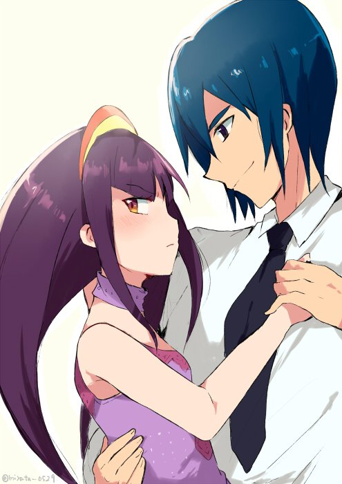 1boy 1girl a.c._eos_(mega_man) bare_shoulders black_necktie blue_hair dress hairband holding_hands long_hair mega_man_(series) mega_man_star_force mega_man_star_force_3 miyata_(lhr) necktie purple_dress purple_hair queen_tia_(mega_man) shirt short_hair sleeveless sleeveless_dress smile twitter_username upper_body white_background white_shirt