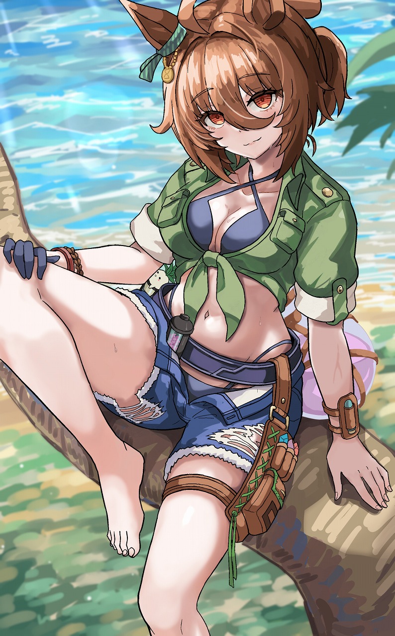 1girl agnes_tachyon_(lunatic_lab)_(umamusume) agnes_tachyon_(umamusume) ahoge animal_ears barefoot bikini black_bikini black_gloves breasts brown_eyes brown_hair cleavage criss-cross_halter feet_out_of_frame gloves green_jacket hair_between_eyes halterneck highres horse_ears horse_girl jacket kii-kun_(agnes_tachyon)_(umamusume) looking_at_viewer medium_breasts official_alternate_costume official_alternate_hairstyle okitsugu open_clothes open_jacket shorts single_glove solo summer's_sunlight_fades_to_blue_(umamusume) swimsuit tied_jacket torn_clothes torn_shorts umamusume