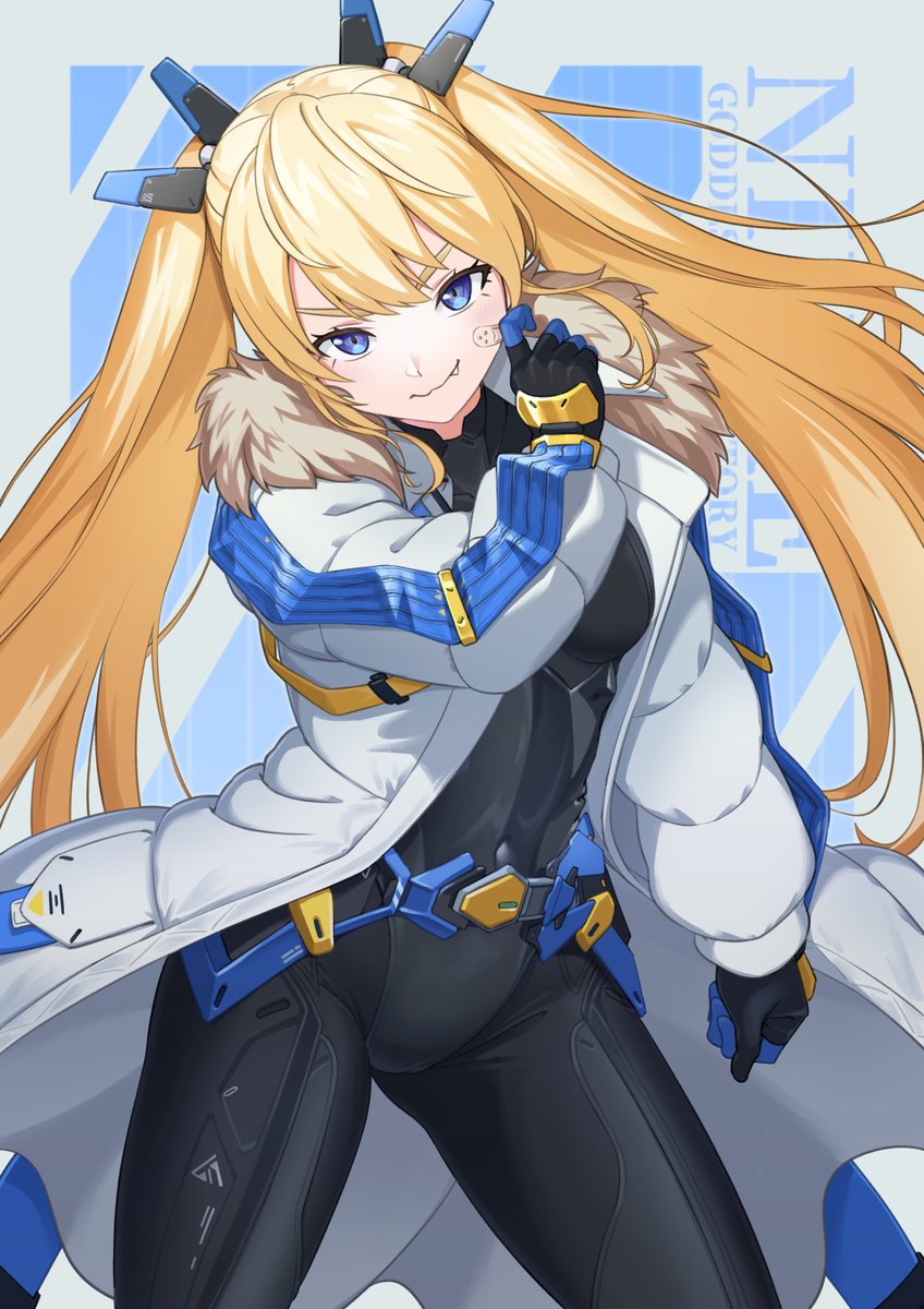 1girl arm_up armored_bodysuit armored_gloves bandaid bandaid_on_cheek bandaid_on_face black_bodysuit black_gloves blonde_hair blue_eyes bodysuit breasts coat contrapposto cowboy_shot fang fur_collar girugiru_(tektonics6588) gloves goddess_of_victory:_nikke head_tilt headgear highres laplace_(nikke) light_blush long_hair open_clothes open_coat sidelocks small_breasts solo standing twintails two-tone_gloves white_coat