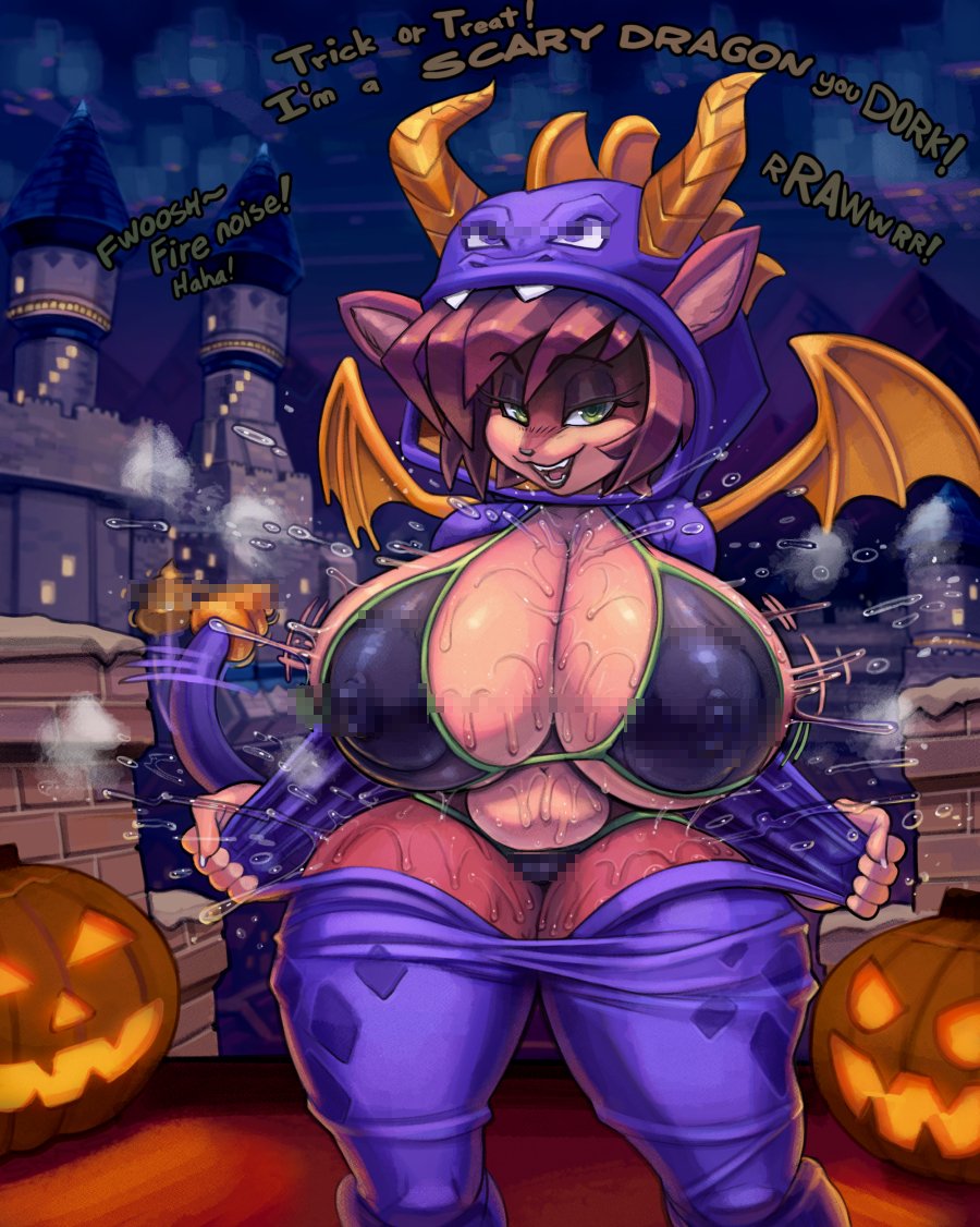 2023 activision anthro big_breasts bikini bodily_fluids breasts castle clothed clothing costume deer detailed_background dialogue drenched_in_sweat elora female halloween halloween_2023 halloween_costume halloween_decoration halloween_theme holidays huge_breasts jack-o'-lantern mammal onesie_open skimpy snao solo spyro spyro_the_dragon steam steaming sweat sweatdrop sweaty_breasts swimwear thick_thighs