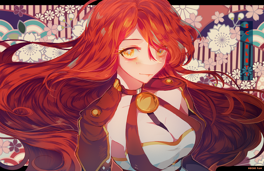 1girl abstract_background arm_ribbon armor artist_name blush breasts cleavage closed_mouth collar commission english_commentary english_text eyelashes eyeshadow floral_background gold_trim hoshi-pan large_breasts long_hair looking_at_viewer loose_hair_strand makeup neck_ribbon original painttool_sai_(medium) pauldrons red_collar red_eyeshadow red_hair red_ribbon ribbon shirt shoulder_armor sleeveless sleeveless_shirt smile upper_body wavy_hair white_shirt yellow_eyes