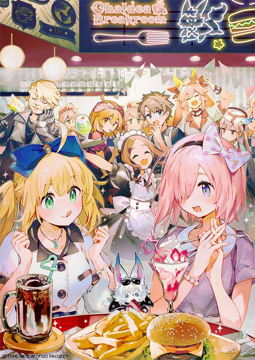 2boys 6+girls ahoge apron artoria_caster_(fate) artoria_pendragon_(fate) banned_artist black_dress black_gloves black_hair black_jacket black_shirt blonde_hair blue_bow blue_eyes blush bow breasts brown_hair burger buttons cake closed_eyes closed_mouth cola collar collared_dress collared_shirt dress fate/extra fate/grand_order fate_(series) food fou french_fries fujimaru_ritsuka_(female) fujimaru_ritsuka_(male) gem gloves gold_trim green_eyes green_gemstone hair_bow highres holding ice_cream jacket leonardo_da_vinci_(fate) long_dress maid maid_headdress mash_kyrielight medium_breasts multiple_boys multiple_girls namie-kun nemo_(fate) official_art open_mouth orange_eyes orange_hair packet pink_dress purple_eyes purple_sweater red_bow shirt short_hair short_sleeves small_breasts smile sweater t-shirt tamamo_(fate) tamamo_no_mae_(fate/extra) twintails uvula white_bow white_fur white_shirt