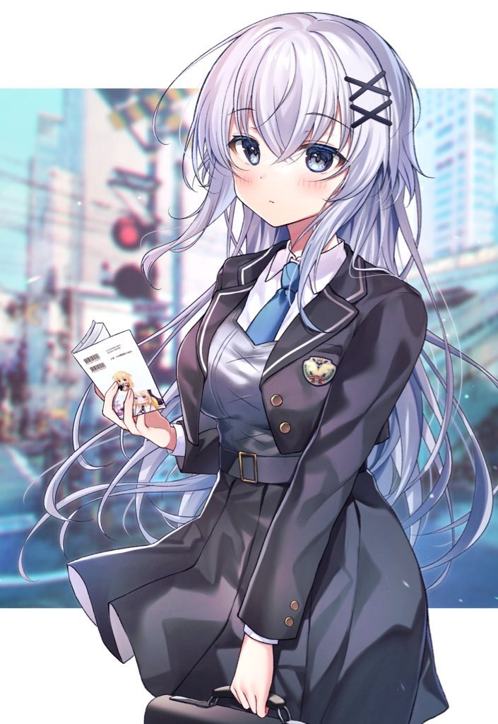 1girl black_jacket black_skirt blazer blue_eyes blurry blurry_background blush closed_mouth collared_shirt commentary_request cropped_jacket depth_of_field grey_hair grey_vest gyozanuko hair_between_eyes hair_ornament holding jacket long_hair looking_at_viewer original pleated_skirt school_briefcase shirt skirt solo very_long_hair vest white_shirt x_hair_ornament