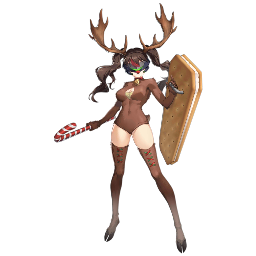 1girl animal_costume animal_feet antlers artist_request bell breasts brown_fur brown_hair brown_leotard brown_sleeves brown_thighhighs candy candy_cane chest_tuft christmas cleavage cleavage_cutout clothing_cutout cosplay cross-laced_clothes cross-laced_legwear deer_tail facing_viewer food full_body girls'_frontline guard_(girls'_frontline) head-mounted_display holding holding_candy holding_candy_cane holding_food holding_shield hooves ice_cream ice_cream_sandwich large_breasts leotard light_smile long_hair multicolored_hair neck_bell official_alternate_costume official_art oversized_food red_hair red_nose reindeer_antlers reindeer_costume rudolph_the_red_nosed_reindeer rudolph_the_red_nosed_reindeer_(cosplay) sangvis_ferri shield skindentation solo standing streaked_hair tail thighhighs transparent_background twintails wavy_hair