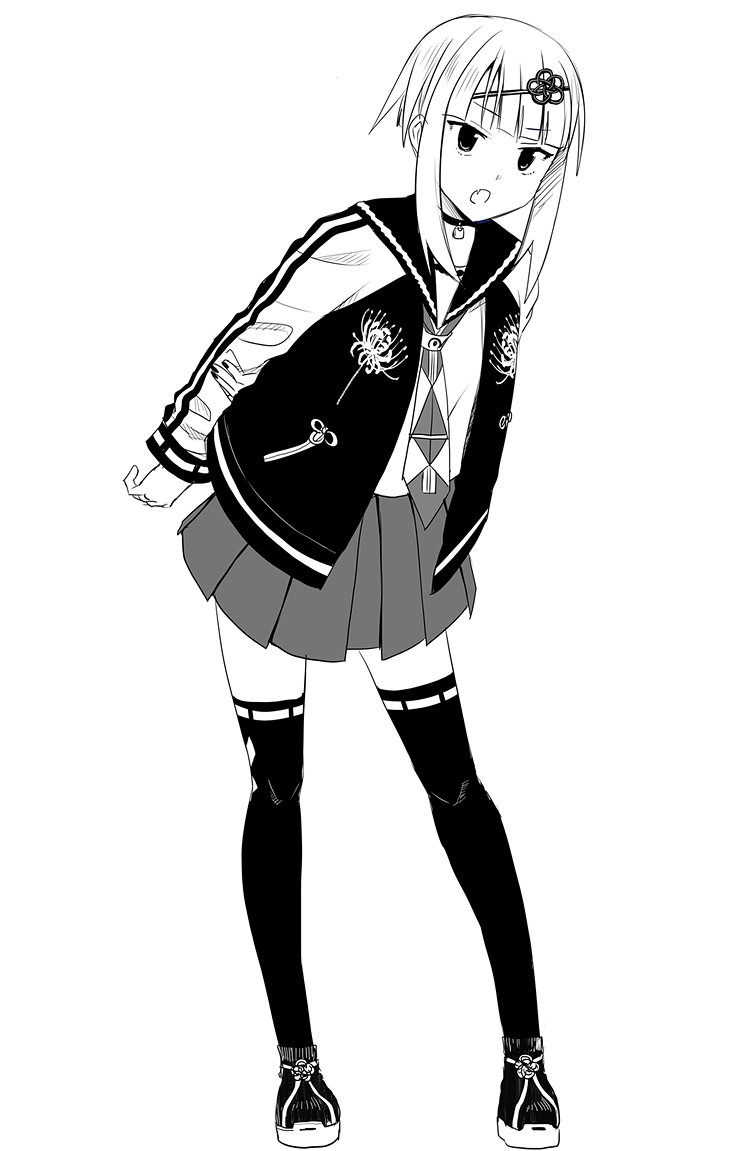 1girl :o fang full_body greyscale jacket leaning_forward letterman_jacket long_sleeves looking_at_viewer monochrome necktie okiru open_clothes open_jacket open_mouth original pleated_skirt puffy_long_sleeves puffy_sleeves ribbon-trimmed_legwear ribbon_trim sailor_collar school_uniform serafuku shirt shoes sidelocks simple_background skirt sleeves_past_wrists solo standing thighhighs white_background