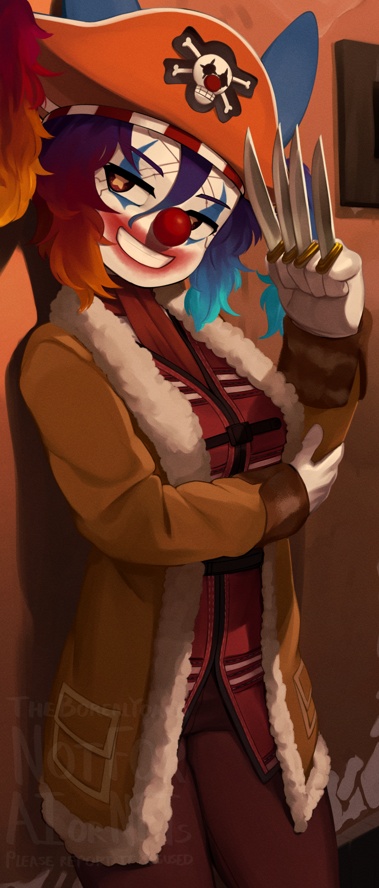1girl blue_hair brown_coat brown_eyes buggy_the_clown buggy_the_clown_(cosplay) clown clown_nose coat cosplay fur-trimmed_coat fur_trim furry furry_female gloves gradient_hair grin hat highres holding holding_knife knife multicolored_hair one_piece original pirate pirate_hat red_hair red_nose skull_and_crossbones smile solo star-shaped_pupils star_(symbol) symbol-shaped_pupils teeth white_gloves yoako