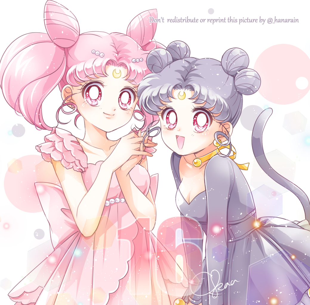 2girls back_bow bishoujo_senshi_sailor_moon bow breasts cat_tail chibi_usa cleavage closed_mouth collarbone cone_hair_bun cowboy_shot crescent crescent_facial_mark diana_(sailor_moon) diana_(sailor_moon)_(human) double_bun dress drill_hair earrings facial_mark forehead_mark gold_choker gold_earrings grey_dress grey_hair hair_bun hair_ornament interlocked_fingers jewelry leaning_forward lips long_sleeves medium_breasts multiple_girls multiple_hair_buns open_mouth own_hands_together personification pink_dress pink_eyes pink_hair quad_bun red_eyes sarashina_kau shirt short_hair short_sleeves short_twintails sidelocks signature small_lady_serenity smile tail twintails yellow_shirt