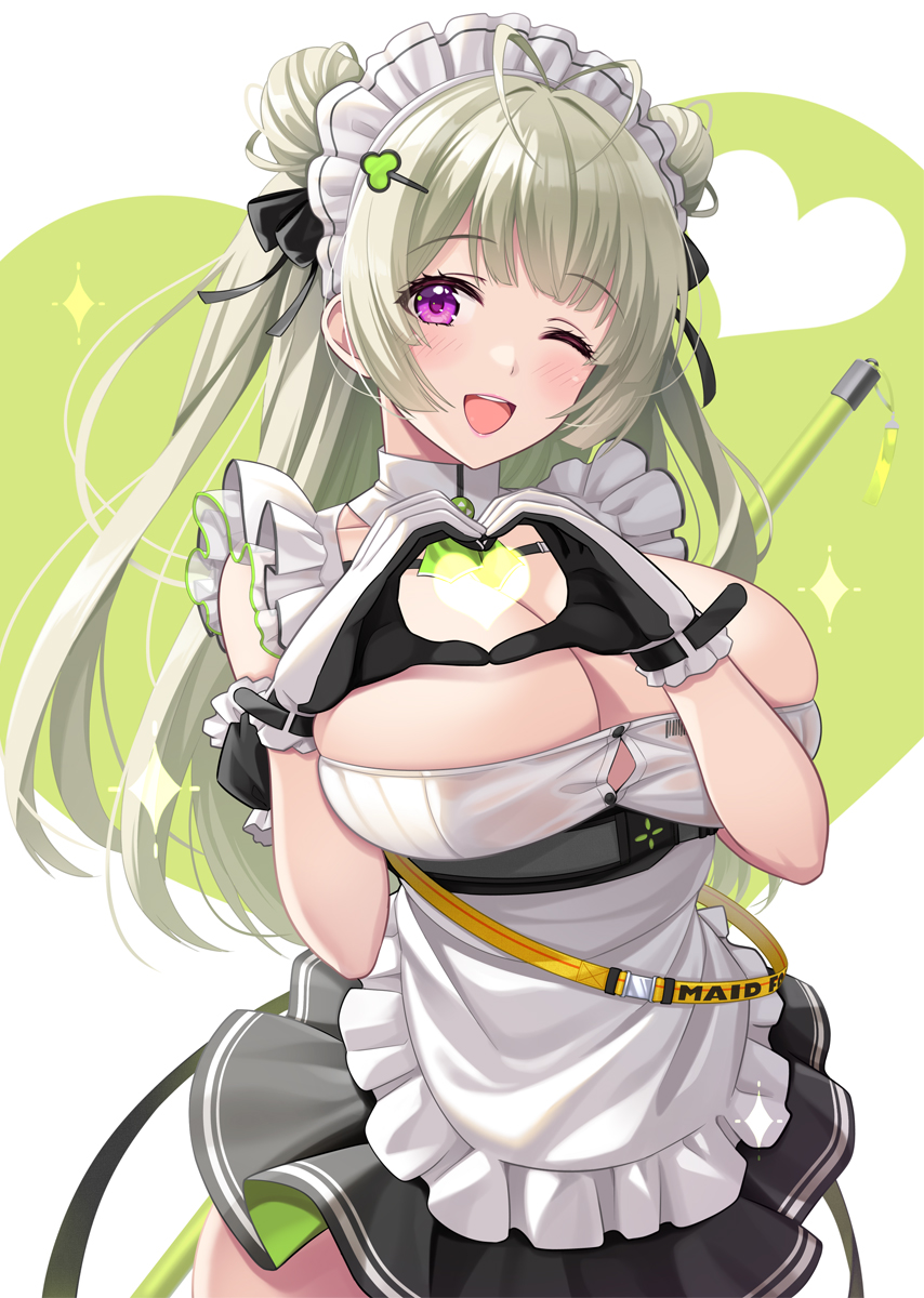 1girl antenna_hair apron arm_cuffs ascot black_dress black_gloves black_ribbon blunt_bangs blush breasts broom button_gap chest_strap cleavage detached_collar detached_sleeves double_bun dress frills gloves goddess_of_victory:_nikke green_ascot green_hair hair_bun hair_ornament hair_ribbon hairclip heart heart_hands highres huge_breasts large_breasts long_hair maid maid_apron maid_headdress one_eye_closed open_mouth pink_eyes pleated_skirt puffy_short_sleeves puffy_sleeves purple_eyes ribbon short_sleeves skindentation skirt sleeveless smile soda_(nikke) solo thighhighs two-tone_gloves upper_body urabi_(tomatohouse) very_long_hair white_gloves white_thighhighs