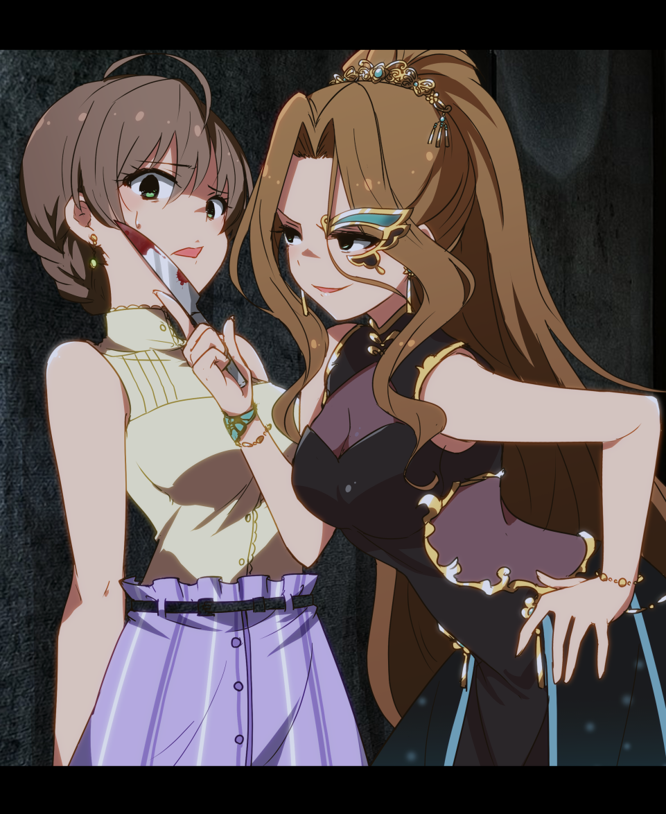 2girls ahoge bare_shoulders belt black_background black_belt black_dress blackmail blood blood_on_knife bow bracelet braid breasts brown_hair cleavage cleavage_cutout closed_mouth clothing_cutout cowboy_shot dot_nose dress earrings from_side green_eyes hair_between_eyes hair_bow hand_on_own_hip hand_up holding holding_knife horrified idolmaster idolmaster_million_live! idolmaster_million_live!_theater_days jewelry kidachi knife large_breasts letterboxed light_brown_hair long_hair looking_at_another multiple_girls nikaidou_chizuru open_mouth purple_skirt sakuramori_kaori scared see-through_cleavage shirt short_hair skirt sleeveless sleeveless_dress sleeveless_shirt smile standing sweat threat tiara turn_pale very_long_hair yellow_shirt