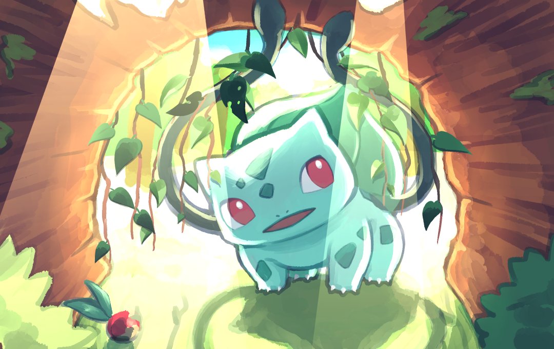 animal_focus bright_pupils bulbasaur cheri_berry funahashi_(nkmmmmr) leaf log moss no_humans nostrils open_mouth plant pokemon pokemon_(creature) red_eyes shadow solo sunlight vines white_pupils