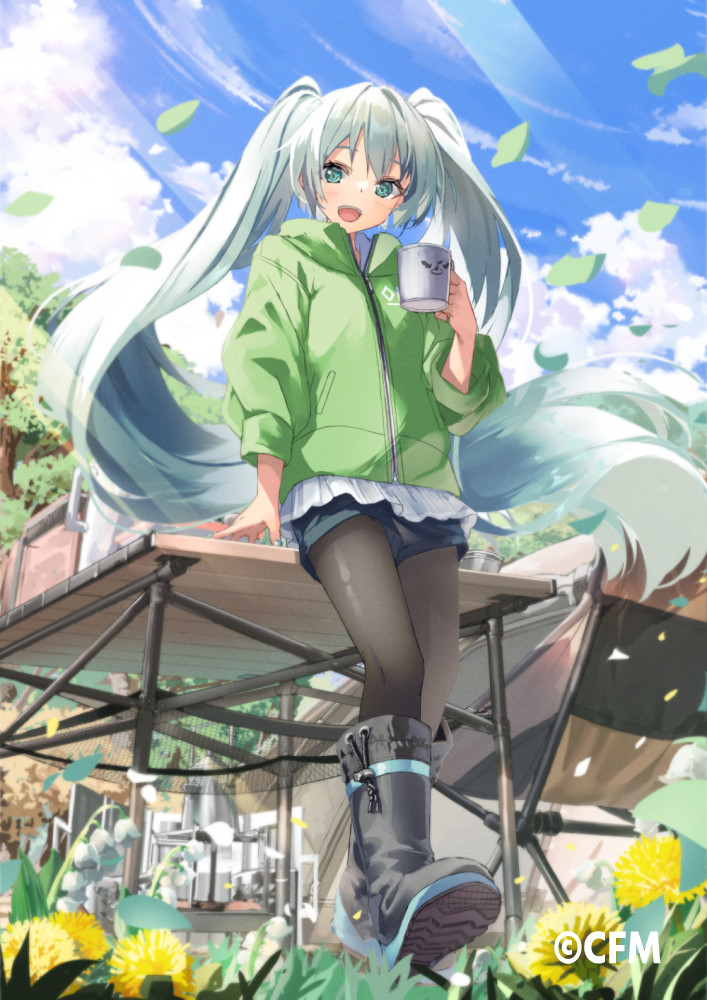 1girl aqua_eyes aqua_hair black_pantyhose blue_shorts chair cloud cloudy_sky commentary_request copyright crypton_future_media cup daidou_(demitasse) dandelion day dress falling_leaves falling_petals flower folding_chair from_below green_jacket hair_intakes hatsune_miku holding holding_cup jacket kettle leaf leaning_back leaning_on_table light_blush lily_of_the_valley logo long_hair looking_at_viewer nature net official_art open_mouth outdoors pantyhose pantyhose_under_shorts petals shorts shorts_under_dress sky smile solo sunlight table twintails very_long_hair vocaloid white_dress white_flower yellow_flower