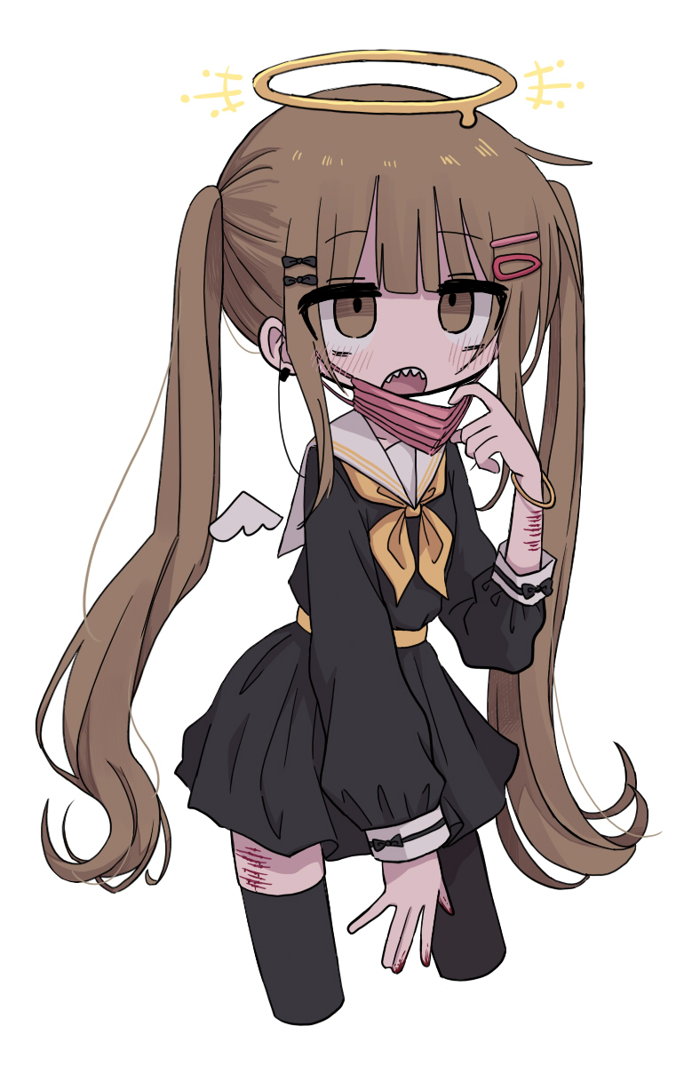 1girl black_dress black_thighhighs blood blush brown_eyes brown_hair dress highres injury kanikan long_hair long_sleeves mini_wings musk neckerchief open_mouth original sailor_collar sailor_dress scar scar_on_leg self-harm_scar sharp_teeth simple_background solo teeth thighhighs upper_teeth_only very_long_hair white_background wings wrist_cutting yellow_neckerchief