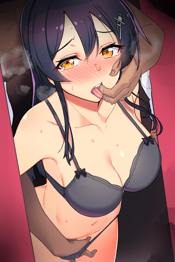 1boy 1girl black_bra black_hair black_panties blush bra breasts breath cleavage dark-skinned_male dark_skin finger_in_another's_mouth fingering gloves hair_between_eyes hair_ornament hetero kantai_collection large_breasts long_hair looking_at_viewer nose_blush open_mouth oyashio_(kancolle) panties saliva taketora_suzume tears tongue tongue_out underwear underwear_only white_gloves