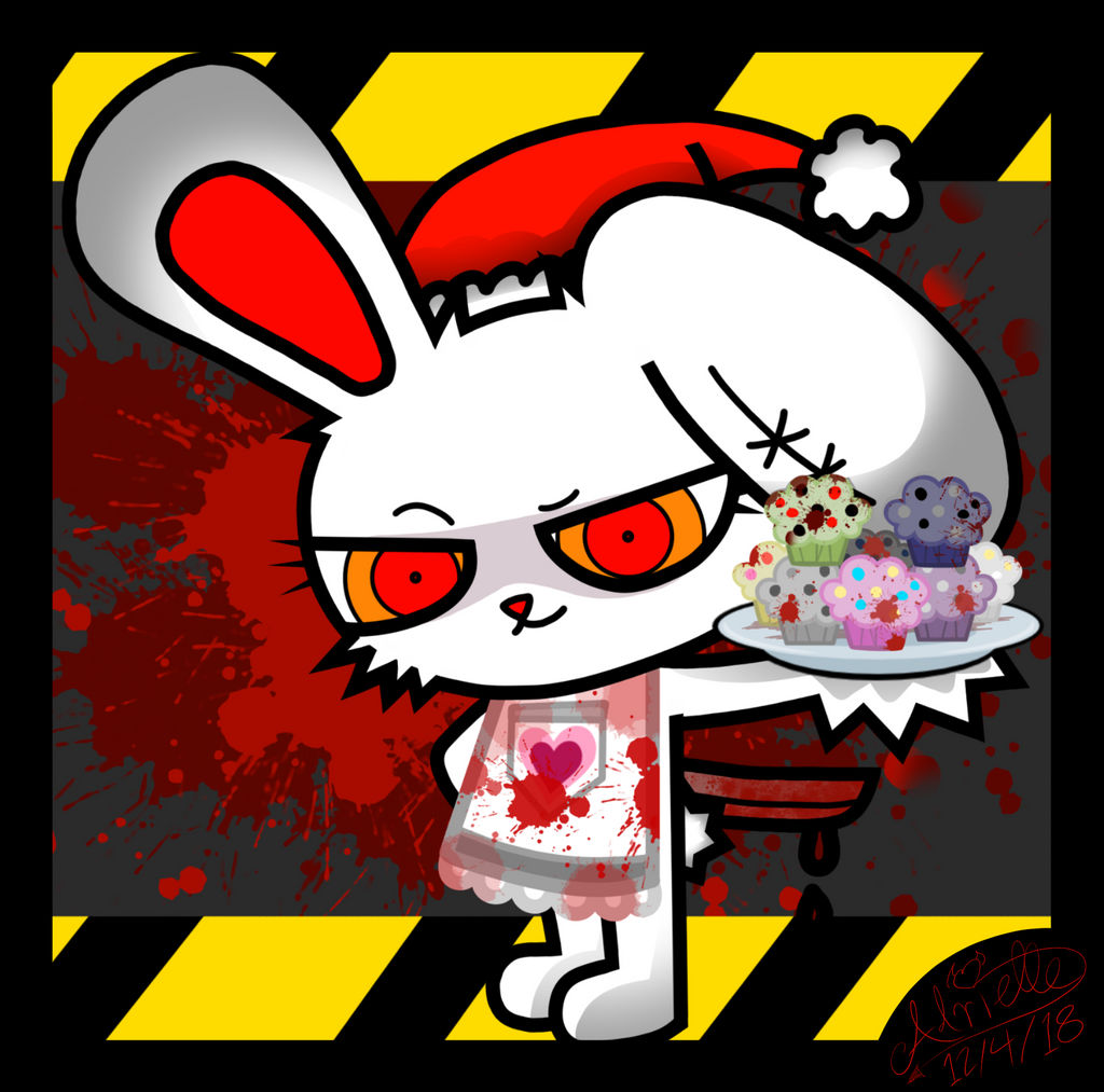 2018 adrielle-akuryo anthro apron blood bloody_bunny bloody_bunny_(series) bodily_fluids clothing female food grey_background holding_object knife lagomorph leporid looking_at_viewer mammal muffin rabbit red_eyes simple_background smile smirk solo white_body