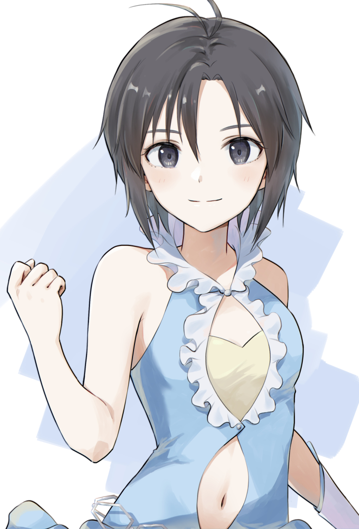 1girl antenna_hair bandeau bare_shoulders black_eyes black_hair blue_background blue_shirt blush breasts cleavage_cutout clenched_hand closed_mouth clothing_cutout commentary elbow_gloves frilled_shirt frills gloves hair_between_eyes hand_up idolmaster idolmaster_(classic) idolmaster_2 kikuchi_makoto light_blush light_smile long_bangs looking_at_viewer mogskg navel shirt short_hair single_glove sleeveless sleeveless_shirt small_breasts smile solo stomach_cutout upper_body white_background white_gloves yellow_bandeau