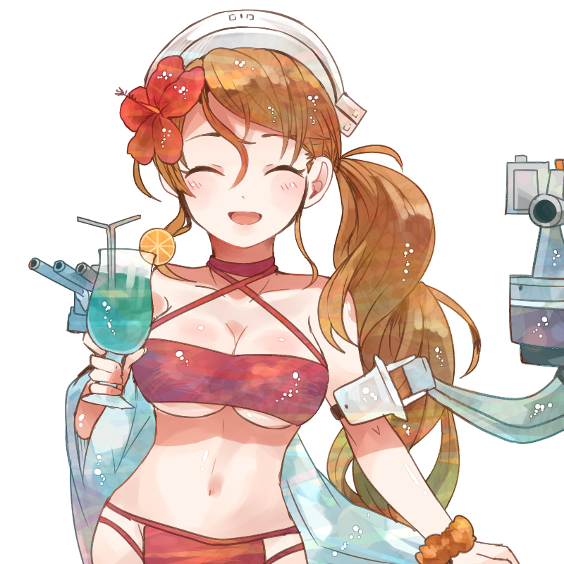 1girl bikini blush breasts brown_hair closed_eyes collarbone cup drink drinking_glass drinking_straw facing_viewer flower food fruit hair_flower hair_ornament hibiscus holding holding_cup italia_(kancolle) itomugi-kun kantai_collection large_breasts littorio_(kancolle) long_hair machinery navel open_mouth orange_(fruit) orange_scrunchie orange_slice red_bikini red_flower rigging scrunchie simple_background smile solo swimsuit turret upper_body white_background wrist_scrunchie