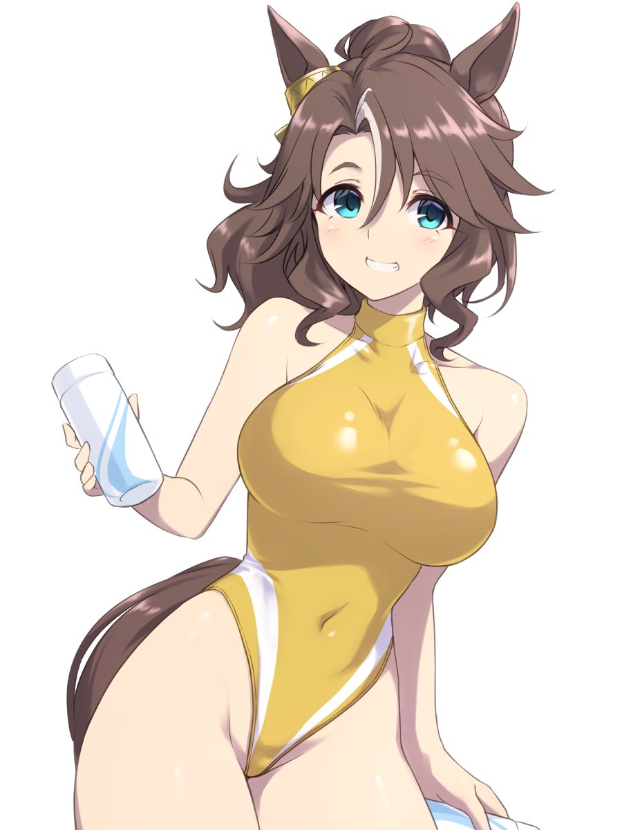 1girl ahoge animal_ears aqua_eyes breasts brown_hair can character_request covered_navel grin highleg highleg_swimsuit highres horse_ears horse_girl horse_tail large_breasts long_hair looking_at_viewer medium_hair pataneet simple_background smile solo swimsuit tail turtleneck_swimsuit two-tone_swimsuit umamusume wavy_hair white_background yellow_swimsuit
