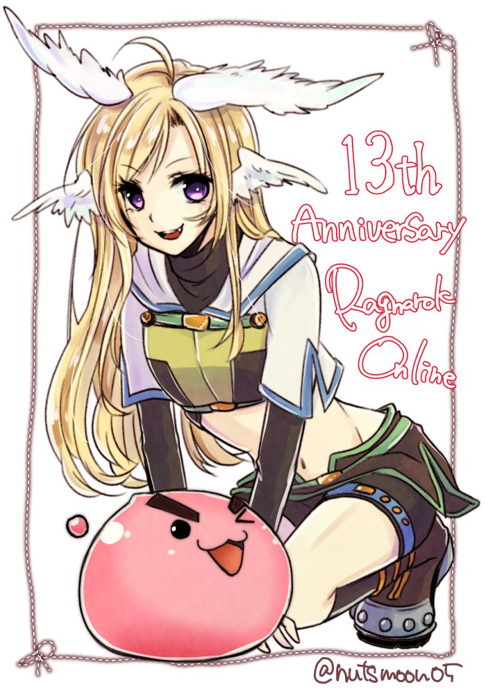 1girl :3 ahoge anniversary blonde_hair breasts brown_gloves brown_shirt brown_shorts brown_skirt commentary_request crop_top cropped_jacket elbow_gloves full_body gloves head_wings hunter_(ragnarok_online) jacket kirika_(nutsmoon) long_hair looking_at_viewer medium_bangs midriff miniskirt navel one_eye_closed open_mouth poring purple_eyes ragnarok_online shirt short_shorts short_sleeves shorts shorts_under_skirt skirt slime_(creature) small_breasts smile solo twitter_username white_jacket white_wings wings