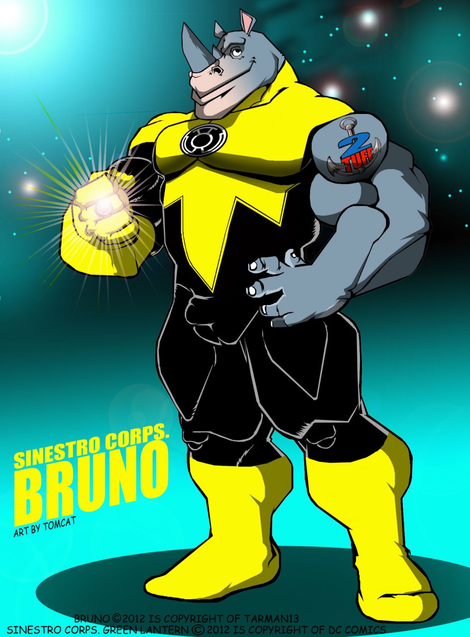 2012 anthro balls_outline bruno_rhynox bulge clothed clothing genital_outline hi_res male mammal muscular muscular_anthro muscular_male penis_outline rhinoceros sinestro_corps solo tattoo tomcat_(artist)