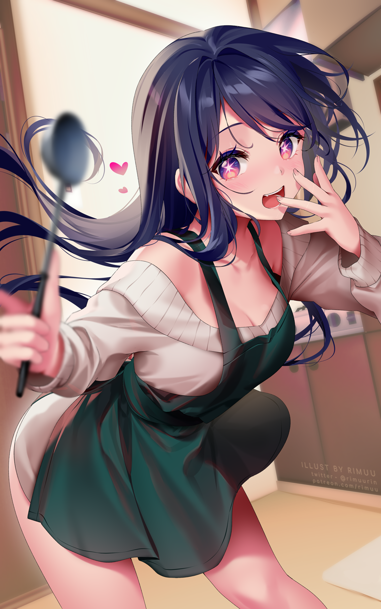 1girl apron artist_name blurry breasts cleavage collarbone commentary depth_of_field english_commentary fang green_apron heart highres hoshino_ai_(oshi_no_ko) long_hair long_sleeves mixed-language_commentary multicolored_eyes off-shoulder_sweater off_shoulder open_mouth oshi_no_ko paid_reward_available purple_hair rimuu sidelocks solo star-shaped_pupils star_(symbol) sweater symbol-shaped_pupils teeth twitter_username watermark white_sweater
