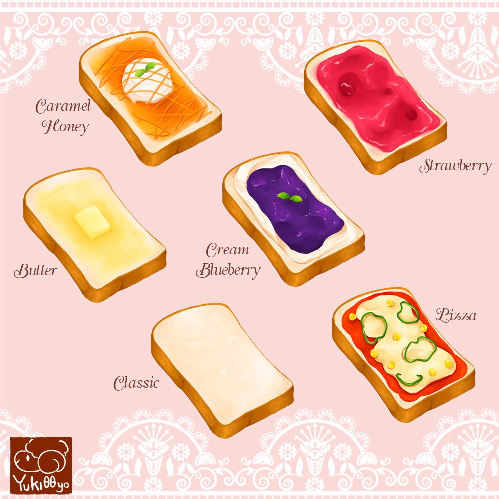 artist_logo artist_name bell_pepper bread butter cheese commentary_request corn cream english_text food food_focus food_name honey jam no_humans original pink_background signature still_life toast yuki00yo
