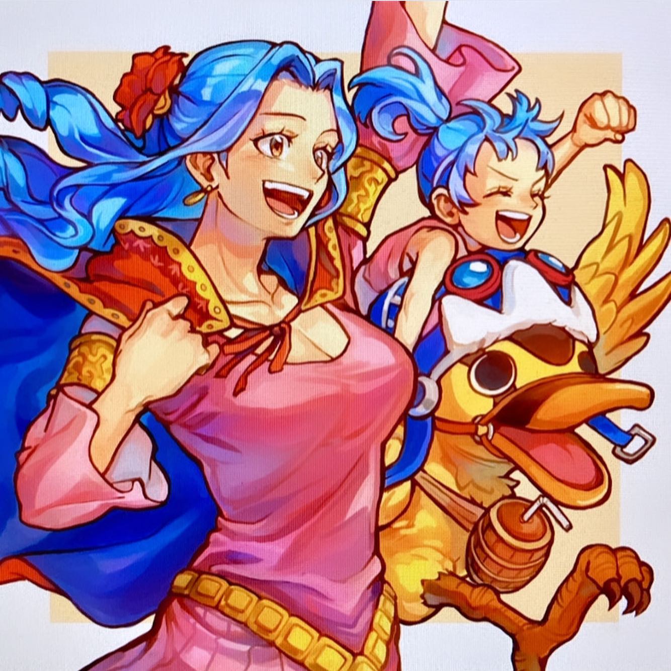 2girls age_comparison aged_down animal aokamei bird blue_hair canteen carue child dress duck earrings female_child flower goggles goggles_on_head hair_flower hair_ornament hat highres jewelry long_hair multiple_girls nefertari_vivi one_piece open_mouth ponytail riding sitting_on_animal smile solo teeth time_paradox