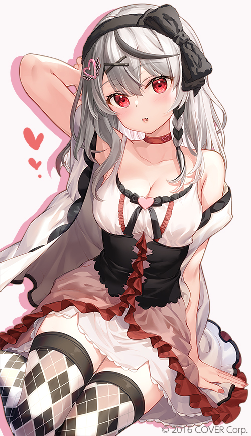 1girl argyle argyle_legwear arm_behind_head arm_up bare_shoulders black_bow black_hairband bow braid breasts cleavage commentary_request dress drop_shadow fang fujima_takuya grey_background grey_hair hair_between_eyes hair_ornament hairband hairclip heart heart_hair_ornament hololive jacket looking_at_viewer medium_breasts off_shoulder official_art open_clothes open_jacket parted_lips red_eyes sakamata_chloe simple_background solo thighhighs virtual_youtuber white_dress white_jacket x_hair_ornament