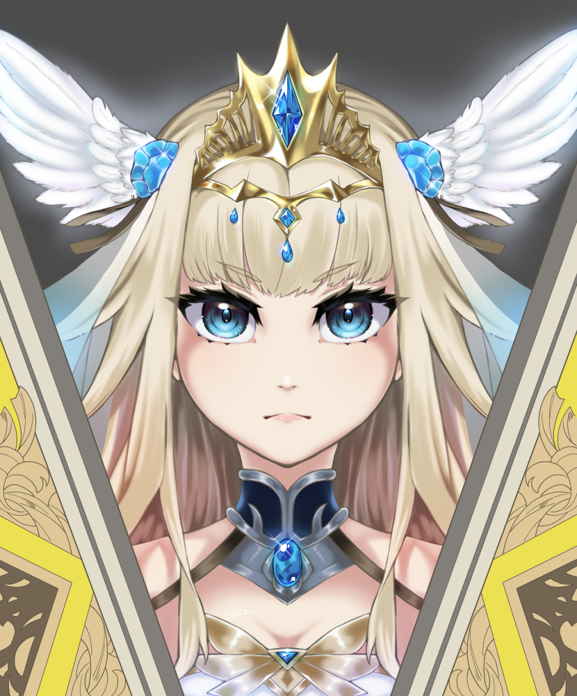 1girl bare_shoulders blue_eyes blue_gemstone breasts character_request cleavage closed_mouth eyelashes frown gem head_wings light_brown_hair long_hair mibuchi nostrils orphans_order solo sparkle tiara upper_body white_wings wings