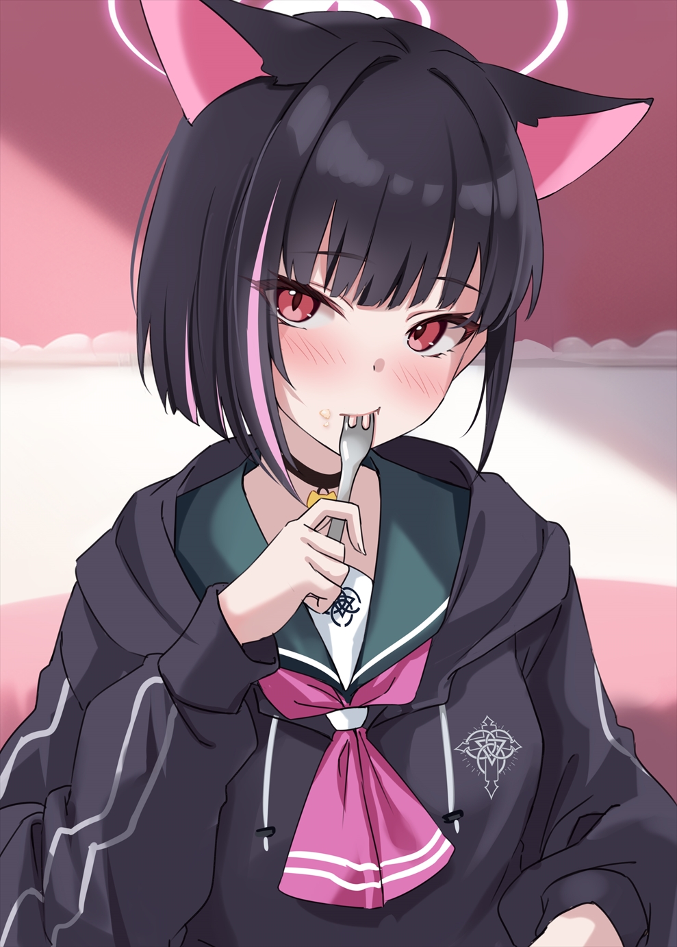 1girl animal_ears black_choker black_hair black_sweater blue_archive blunt_bangs blurry blush cat_ears cat_girl choker colored_inner_hair commentary_request cream cream_on_face depth_of_field extra_ears food food_on_face fork halo head_tilt highres holding holding_fork hood hooded_sweater kazusa_(blue_archive) long_sleeves looking_at_viewer marisasu_(marisa0904) multicolored_hair red_eyes school_uniform serafuku short_hair sidelocks solo streaked_hair sweater two-tone_hair utensil_in_mouth