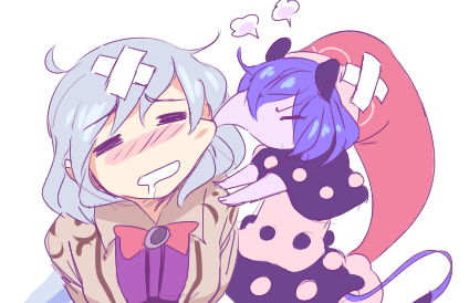 2girls angry animal_ears black_dress blue_hair blush bow bowtie closed_eyes doremy_sweet doremy_sweet_(baku) dress drooling grey_hair grey_jacket guuchama hat jacket kishin_sagume lowres multicolored_clothes multicolored_dress multiple_girls nightcap open_clothes open_jacket purple_shirt red_bow red_bowtie red_headwear shirt simple_background tail tapir_ears tapir_tail touhou white_background white_dress