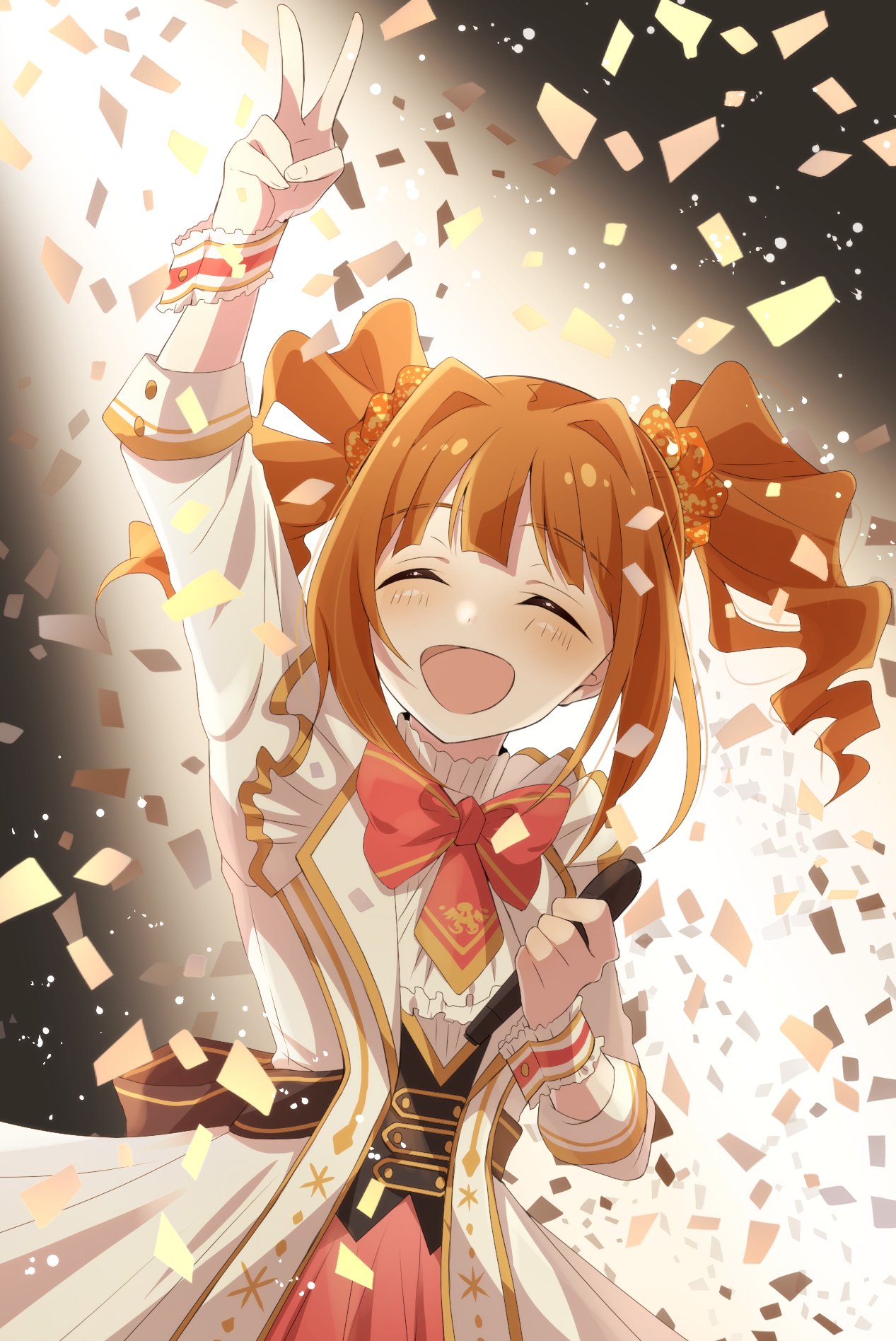 1girl ^_^ arm_up black_bow blush bow bowtie brown_hair closed_eyes commentary_request confetti dot_nose dress dress_bow frilled_cuffs hair_bow hair_ornament hair_scrunchie hand_up highres holding holding_microphone idolmaster idolmaster_(classic) idolmaster_million_live! idolmaster_million_live!_theater_days long_sleeves microphone open_mouth orange_scrunchie print_bow print_bowtie red_bow red_bowtie scrunchie short_hair smile solo spotlight striped_wrist_cuffs takatsuki_yayoi twintails upper_body v white_dress wrist_cuffs yaegashi_(yegs1227)