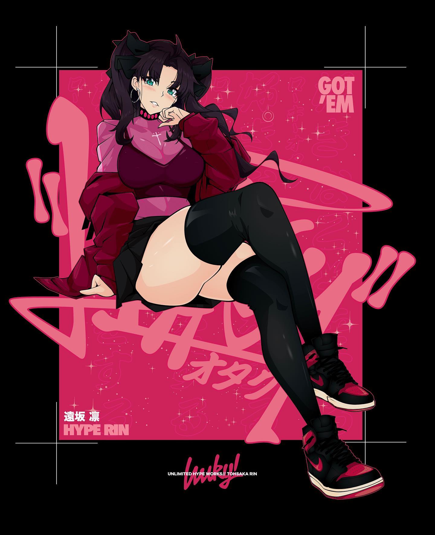 1girl air_jordan artist_name black_hair black_skirt blue_eyes blush breasts camisole camisole_over_clothes character_name cross cross_necklace crossed_legs earrings english_commentary fate_(series) floating_hair highres hoop_earrings jacket jewelry looking_at_viewer lowkey_geeks medium_breasts necklace nike off_shoulder parted_lips pink_shirt purple_camisole red_jacket shirt shoes skindentation skirt smile sneakers solo thick_thighs thighs tohsaka_rin twintails