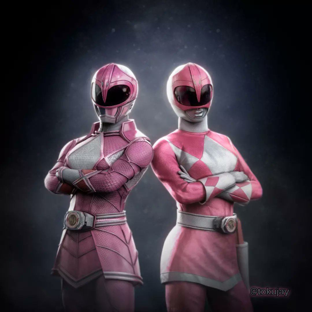 2girls armor belt bodysuit breasts character_request crossed_arms gloves helmet katherine_hillard kimberly_ann_hart looking_at_viewer mighty_morphin_power_rangers mighty_morphin_power_rangers:_once_&amp;_always multiple_girls pink_bodysuit pink_ranger power_rangers tokujay tokusatsu