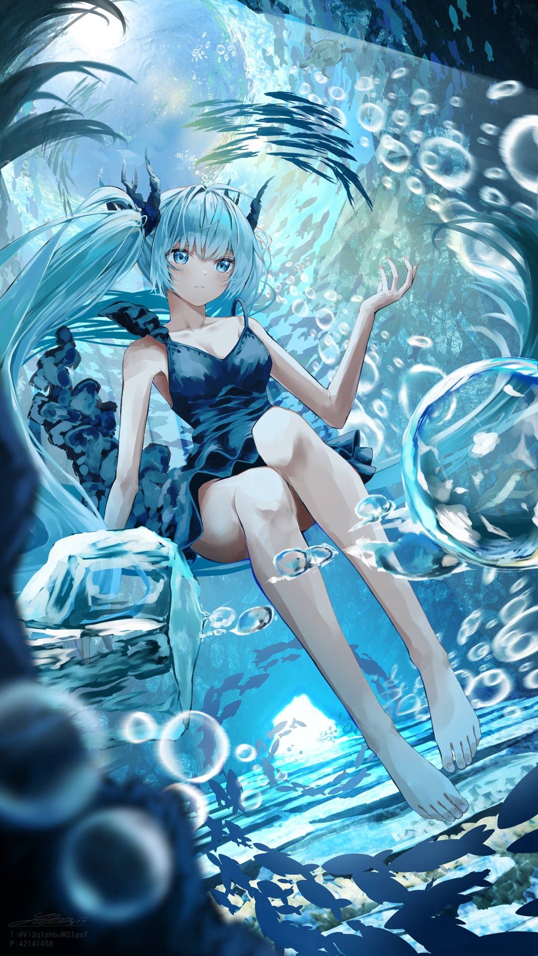 1girl aqua_hair barefoot blue_dress blue_eyes breasts bubble collarbone convenient_leg dress feet fish frilled_dress frills full_body hair_ornament hand_up hatsune_miku highres invisible_chair legs long_hair shinkai_shoujo_(vocaloid) shirubaa short_dress sidelocks sitting solo thighs toenails toes twintails underwater very_long_hair vocaloid