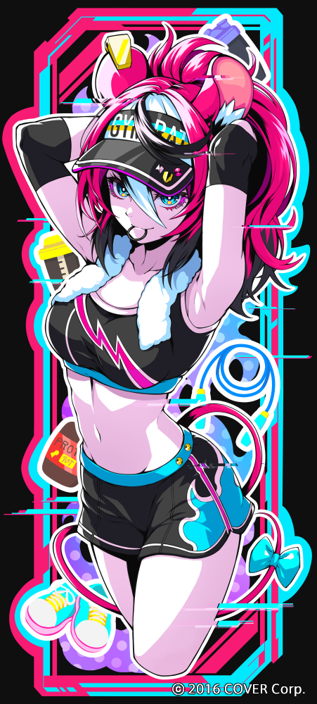 1girl animal_ears armpits arms_up bare_shoulders baseball_cap black_hair black_shorts black_sports_bra blue_bow blue_eyes bow breasts commentary_request crop_top cropped_legs elbow_sleeve hair_tie_in_mouth hakos_baelz hat hololive hololive_english long_hair looking_at_viewer medium_breasts midriff mouse_ears mouse_tail mouth_hold multicolored_hair navel official_art re_(re_09) red_hair short_shorts shorts smile solo sports_bra standing stomach streaked_hair tail tail_bow tail_ornament thighs virtual_youtuber white_hair