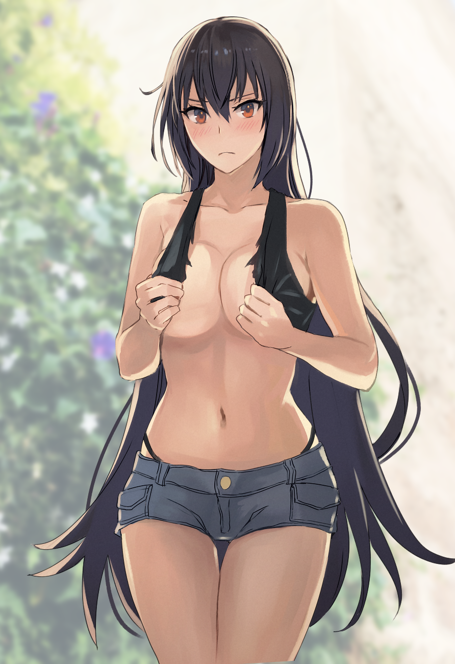 1girl alternate_costume bare_shoulders black_hair blue_shorts blush breasts brown_eyes closed_mouth collarbone commentary_request covering covering_breasts cowboy_shot denim denim_shorts frown hair_between_eyes highres jpeg_artifacts kantai_collection kasumi_(skchkko) large_breasts long_hair looking_at_viewer nagato_(kancolle) navel short_shorts shorts solo stomach thigh_gap topless torn_clothes very_long_hair