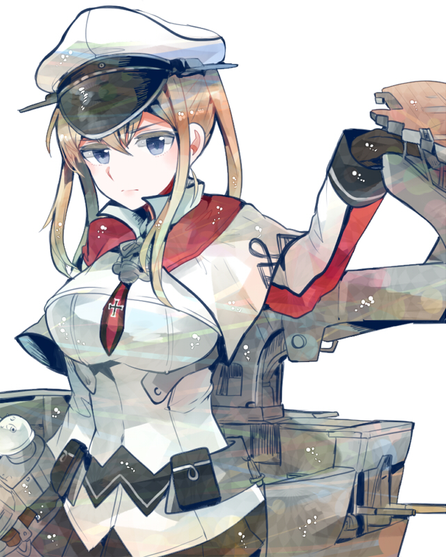 1girl black_gloves blonde_hair blue_eyes breasts capelet celtic_knot gloves graf_zeppelin_(kancolle) hair_between_eyes hat impossible_clothes itomugi-kun kantai_collection large_breasts looking_at_viewer machinery pale_skin peaked_cap serious simple_background skirt solo twintails white_background