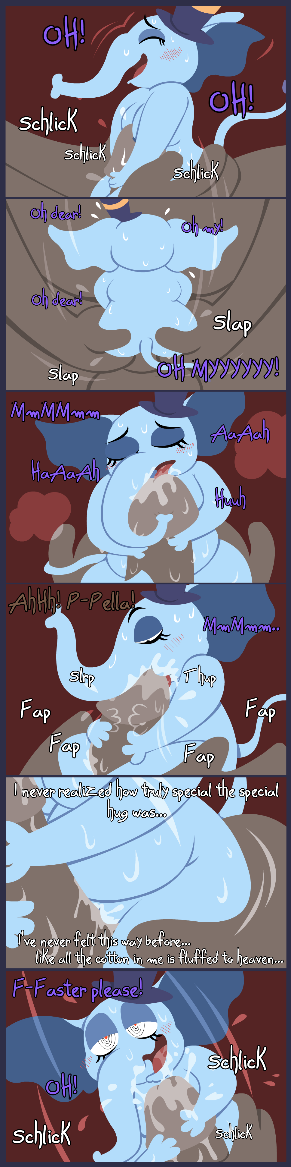 &lt;3 &lt;3_eyes 1:4 absurd_res animate_inanimate anthro blue_body blue_border blue_skin border clothing comic duo elephant elephantid embrace english_text female frottage genitals hat headgear headwear hi_res hug human long_image male male/female mammal pella_peanut penis penis_hug plushie proboscidean puppet sex shane_frost size_difference smaller_female tall_image text tom_(882pa)