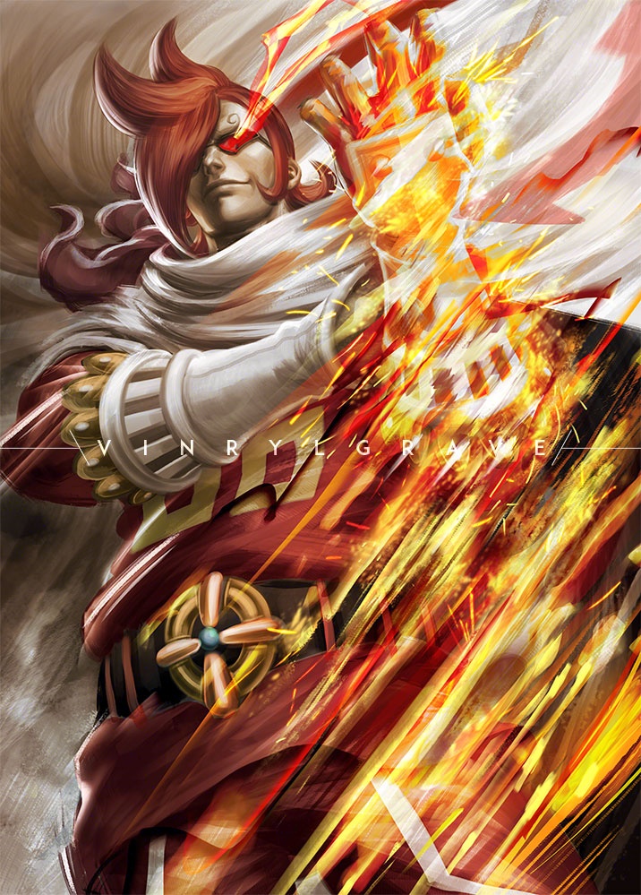 1boy artist_name cape closed_mouth commentary curly_eyebrows english_commentary fire gauntlets goggles hair_over_one_eye male_focus one_eye_covered one_piece red_hair short_hair smile solo vinrylgrave vinsmoke_ichiji white_cape