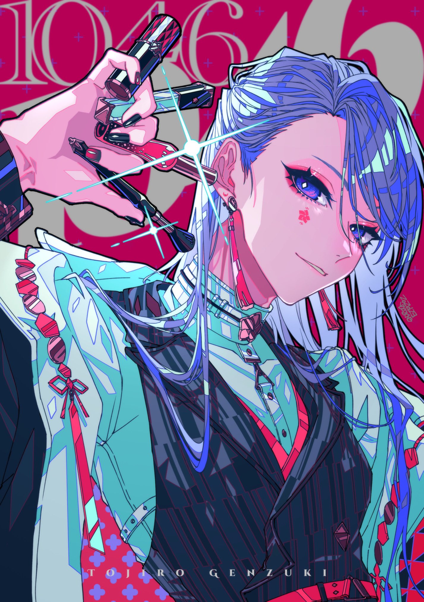 1boy belt between_fingers black_jacket black_nails black_vest character_name collar cosmetics diffraction_spikes earrings eyeshadow facial_mark genzuki_toujirou gradient_nails hair_behind_ear hand_up highres holding holding_brush holding_lipstick_tube jacket jewelry leash lipstick_tube long_hair long_sleeves looking_at_viewer makeup makeup_brush male_focus nail_polish nail_polish_bottle nijisanji off_shoulder open_clothes open_jacket parted_lips patterned_clothing pink_belt pink_eyeshadow pink_nails purple_eyes purple_hair red_background shirt smile solo star_(symbol) star_facial_mark swept_bangs tassel tassel_earrings text_background two-sided_fabric two-sided_jacket upper_body vest virtual_youtuber white_collar white_shirt yudeazu_king