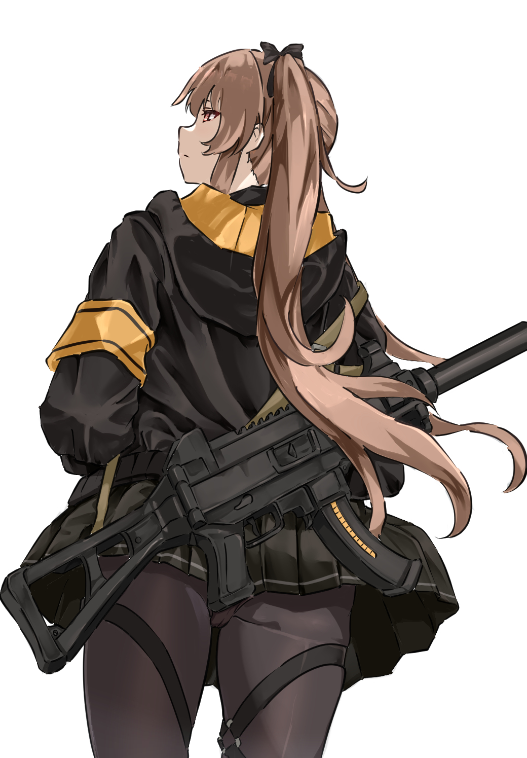 1girl black_jacket brown_hair closed_mouth commentary expressionless from_behind girls'_frontline gun gun_on_back h&amp;k_ump hair_ornament highres hood hooded_jacket jacket long_hair looking_to_the_side mutugorou_u panties panties_under_pantyhose pantyhose pleated_skirt red_eyes simple_background skirt solo submachine_gun twintails ump9_(girls'_frontline) underwear weapon weapon_on_back white_background yellow_armband