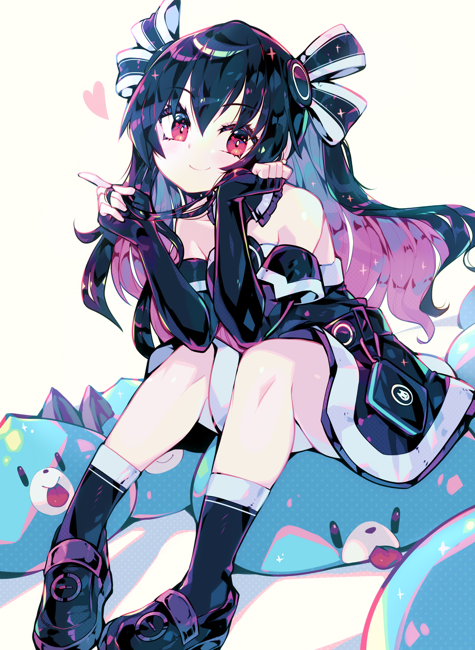 1girl bare_shoulders black_hair blush choujigen_game_neptune detached_collar elbow_gloves fingerless_gloves gloves hair_ornament hair_ribbon hair_twirling heart highres kneehighs long_hair looking_at_viewer multicolored_hair neptune_(series) parororo purple_hair red_eyes ribbon simple_background sitting socks sparkle uni_(neptunia) white_background