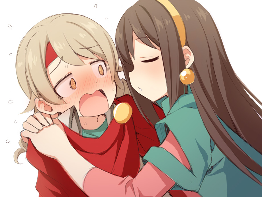 2girls blush brown_eyes brown_hair cloak cosplay domon_kasshu domon_kasshu_(cosplay) earrings flying_sweatdrops g_gundam green_shirt gundam hairband idolmaster idolmaster_cinderella_girls jewelry layered_sleeves long_hair long_sleeves morikubo_nono multiple_girls nose_blush open_mouth parted_lips pink_shirt profile rain_mikamura rain_mikamura_(cosplay) red_cloak revision shibuya_rin shirt short_over_long_sleeves short_sleeves simple_background sweat uccow wavy_mouth white_background yellow_hairband yuri