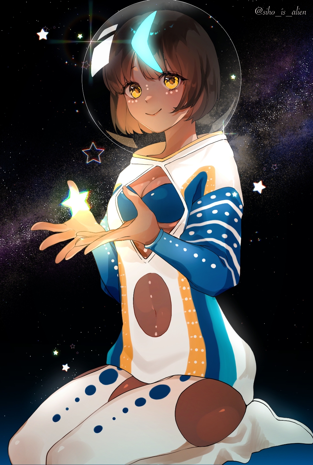 1girl blue_bra boomerang bra breasts brown_hair dark-skinned_female dark_skin fate/grand_order fate_(series) fishbowl_helmet highres light_smile long_sleeves navel shine shirt short_hair siho_is_alien sky small_breasts star_(sky) star_(symbol) starry_sky thighs tribal underwear wandjina_(fate) white_shirt yellow_eyes