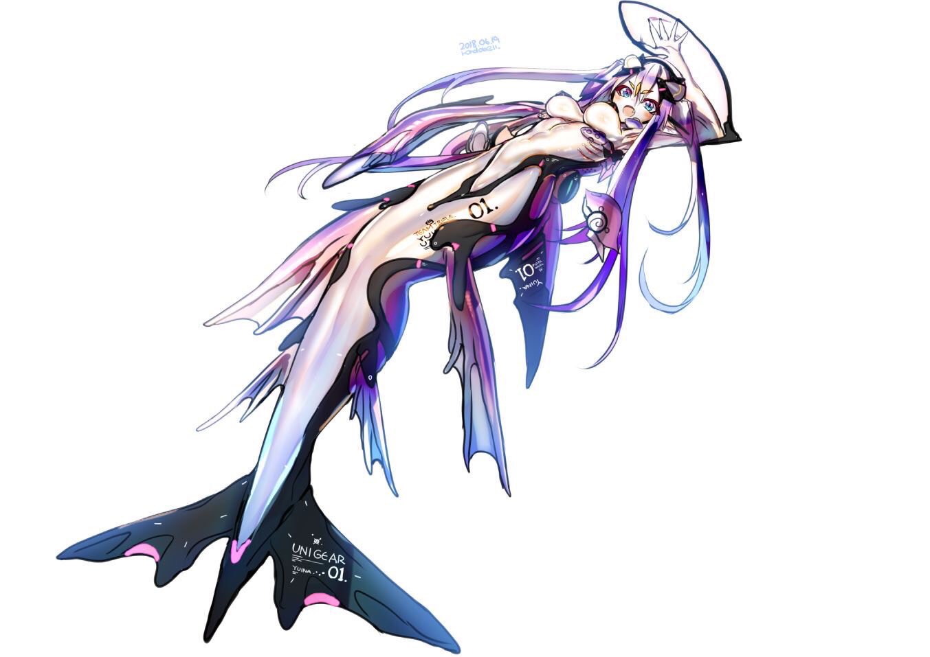 1girl arm_up blue_eyes breasts commentary_request fins full_body gills long_hair mecha_musume medium_breasts mermaid monster_girl original pale_skin purple_hair rondo_bell science_fiction solo very_long_hair white_background