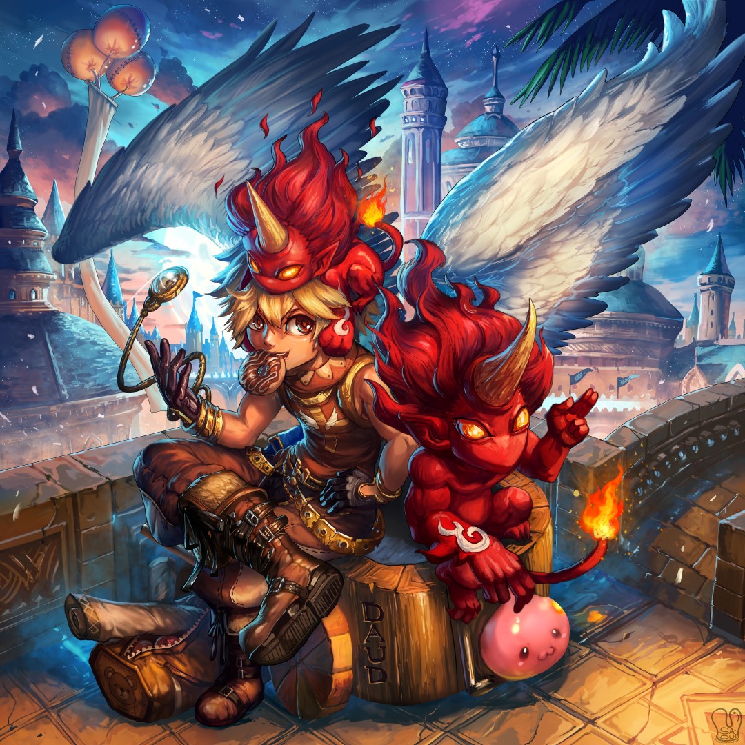 1boy belt black_gloves blonde_hair boots bridge brown_footwear building character_request colored_skin commission demon doughnut english_commentary feathered_wings flame-tipped_tail food food_in_mouth gloves male_focus mouth_hold poring ragnarok_online red_hair red_skin sa-dui short_hair sitting white_wings wings